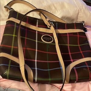 Coach Brown Plaid Shoulder Bag with Multicolor Accents